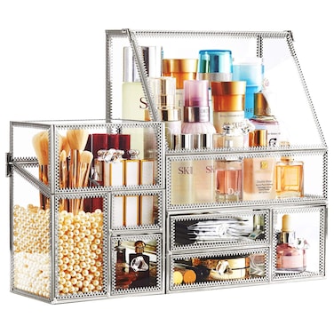 Glass Makeup Organizer for Vanity/Stackable 2Pieces Drawer Set/Antique Countertop Vanity Cosmetic Storage Box Mirror Glass Beauty Display, Holder for Brushes Lipsticks Skincare Toner (Silver)