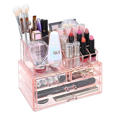 Ikee Design Pink Jewelry &amp; Cosmetic Storage Display Boxes Two Pieces Set, Organizer Makeup Holder, for Vanity