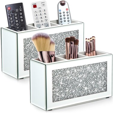 Tanlade 2 Pcs Mirrored Makeup Brush Holder Remote Holder, Mirrored Makeup Organizer with Crushed Diamond Crystals, Vanity Cosmetics Organizer Solution, Pencil Holder Organizer for Desk (3 Compartment)
