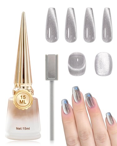 Diamond Silver Cat Eye Gel Nail Polish with Magnetic Stick,9D Holographic Galaxy Glitter Aurora Cateye Gel Nail Polish,Crystal Shiny Nails Glue Gel Polish Kit,Soak Off UV LED for Salon DIY Nail Art-01