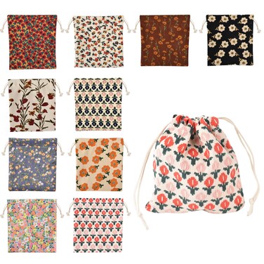 Small Flower Makeup Bag 10Pcs, Mini Corduroy Drawstring Bag Portable Small Pocket Cosmetic Bag For Women Travel Storage Cosmetics Headphones Jewelry