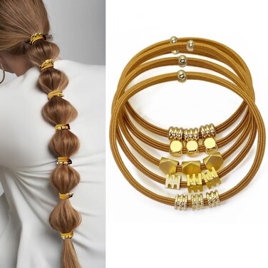 Bracelet Hair Ties Boho Hair Accessories for Women, Ponytail Holders Hair Tie No Damage for Girls Gold Jewelry Hair Ties Bracelets Beaded Hair Ties Decorative Hair Bands Scrunchies for Gifts(Caramel)
