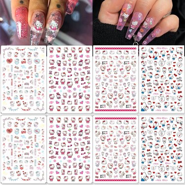 8 Sheets Cute Nail Stickers Cartoon Nail Decals 3D Self Adhesive Design Nail Supplies Cute Designer Nail Stickers for Women Girls DIY Manicure Tips Kawaii Nail Art Stickers