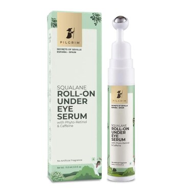 Pilgrim Squalane Roll On Under Eye Serum   Hydrating Eye Serum with Phyto Retinol &amp; Caffeine   Reduces Dark Circles, Puffiness &amp; Wrinkles   0.50 Fl Oz (15ml)