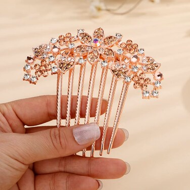 Jumwrit Crystal Bride Wedding Hair Comb Love Heart Leaf Rhinestone Flower Hair Side Comb Rose Gold Hair Clip Comb Floral Vintage Bridesmaid Headpiece Bridal Hair Jewelry for Women Girls(Champagne)