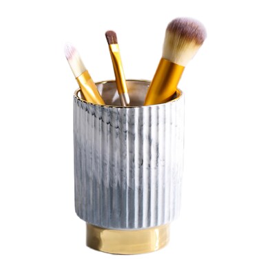 IEEK Makeup Brush Holder Organizer - Comb Brushes, Pens, Pencils, Glasses &amp; Toothbrushes - European Style Striped Container, Grey and Gold