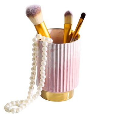 IEEK Pink and Gold Makeup Brush Holder Organizer,Glass Cosmetics Brushes Cup Eyebrow Pencil Pen Container,European Style Striped Brushes Storage,Ceramics Decor for Bathroom Dresser Vanity Desktop