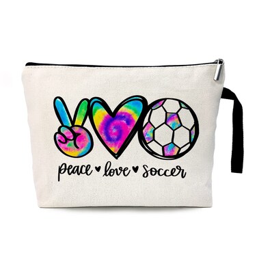 ZHANTUONE Peace Love Soccer Funny Cosmetic Bag, for Travel Toiletry Zipper Storage Pouch Makeup Bag, Gifts for Coach &amp; Team Football Lovers, Soccer Lover Gifts, Soccer Girl Survival Kit