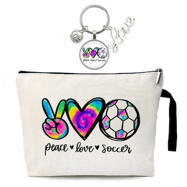 ZHANTUONE eace Love Soccer Cosmetic bag keychain pendant, for Travel Toiletry Zipper Storage Pouch Makeup Bag, Gifts for Coach Team Football Lovers, Soccer Lover Gifts, Soccer Girl keychain