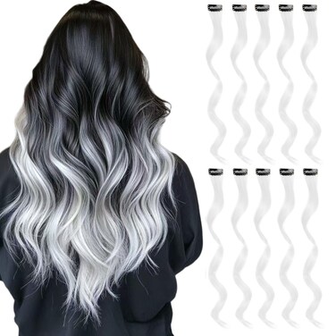 Colored Hair Extensions Clip in for Kids Girls Women, 16inch Curly, 10pieces White