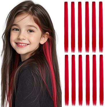 Colored Hair Extensions Clip in for Kids Girls Women, 22inch Straight, 12pieces Red