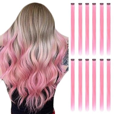 Colored Hair Extensions Clip in for Kids Girls Women, 22inch Straight, 12pieces Pink