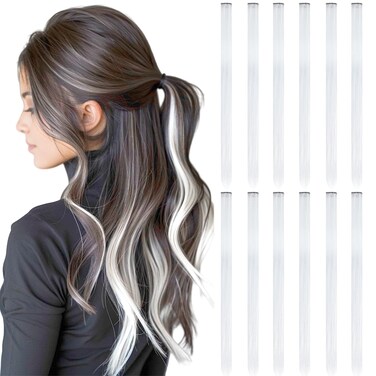 Colored Hair Extensions Clip in for Kids Girls Women, 22inch Straight, 12pieces White