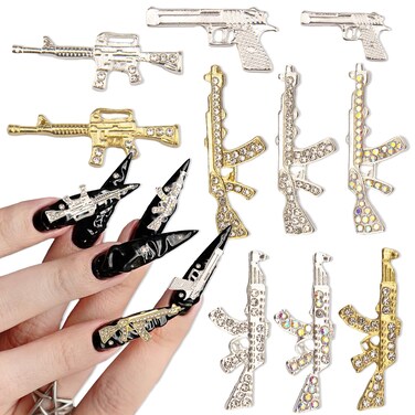 3D 10PCS Gun Rhinestone Alloy Nail Charms, Gold and Silver Alloy Nail Decorations, Nail Stone Nail Jewels Accessories for Nail Art Supplies Manicure Craft DIY(5 Styles)