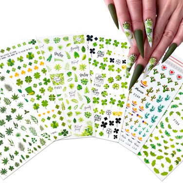 Yoksas Green Foliage Nature Nail Art Sticker Set - 6 Sheets of Self-Adhesive Eucalyptus, Four-Leaf Clovers, Cactus, Ginkgo, and Monstera Nail Stickers