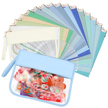 Irenare 16 Pcs Clear Makeup Bag Toiletry Flat Zipper Pouch Preppy Waterproof Clear Cosmetic PVC Pouch with Wristlet Toiletry DIY Chenille Letter Snack Bag for Women(Blue Series)