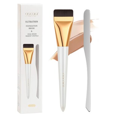 docolor Flat Foundation Brush and Makeup Spatula Set, Ultra Thin Liquid Foundation Brush Dual Edged Spatula Premium Makeup Face Tool for Blending, Cream, Thin Foundation Brush &amp; Make up Spatula Tool