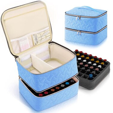 DreamGenius Nail Polish Organizer Case Holds 42 Bottles, Portable Double-Layer Nail Polish Storage Bag with Adjustable Dividers for Manicure Tools, Light Blue