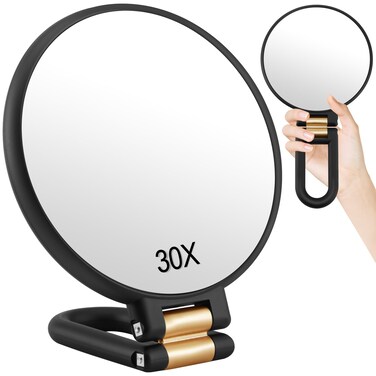 ALHAKIN 30x Magnifying Mirror, Double Sided Handheld Mirrors with Handle, Travel Hand Mirror with 1X/30X Magnification &amp; Adjustable Handle, Portable Small Makeup Mirror for Desk Women, Black