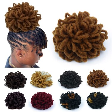 Brown Loc Petal Bun Faux Locs Ponytail Drawstring Buns for Black Women Curly Dreadlock Ponytails Afro Braided Locs Clip in on Hairpieces(30)
