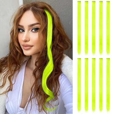 FESHFEN Colored Clip in Hair Extensions - 10 PCS Yellow Neon Highlighted Hair Piece Straight Synthetic Clip in Hairpieces for Women 22 inch