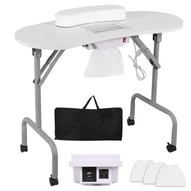 Portable Manicure Table Nail Desk with Charging Station &amp; Dust Collector, Foldable Nail Tech Table for Technician Spa Salon Workstation with Wrist Pad 4 Lockable Wheels, 36-inch, White