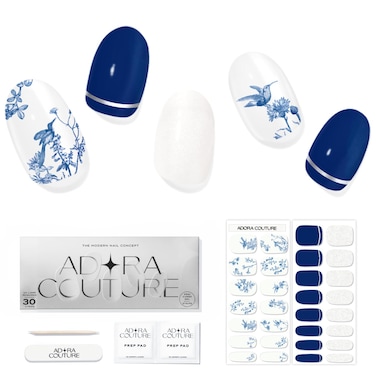 Semi Cured Gel Nail Strips with 30 Pieces, Salon Quality Nail Wraps for Women, Classic Blue Porcelain with White Glaze UV Gel Nail Stickers, UV Light Required, Porcelain