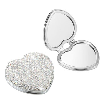 AsAlways Rhinestone Compact Pocket Mirror Portable Travel Cute Cosmetic Mirror Folding Handheld Double-Sided 1x/2x Magnifying Purse Mirror (Silver)