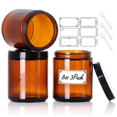 3 Pack 8 oz Amber Glass Jars with lids, Cosmetic Jars with Inner Liners and Black Lids, Lotion Jars, Candle Making Jars for Lotions, Scrubs and Cosmetic, Lables and Spatulas Include