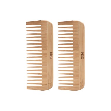 N12 Set of 2 Handmade Natural Bamboo Wide Tooth Anti-Static Anti-Frizz Detangler Comb for Straight, Wavy, Curly Hair of Women, Men, Children