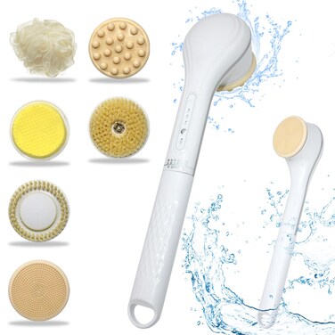 Electric Body Brush Set for Showering,Exfoliating Bath Brush Long Handle for Shower Lotion Applicator for Back Silicone Body Scrubber with 6 Shower Brush Heads for Women Men Gifts (White)