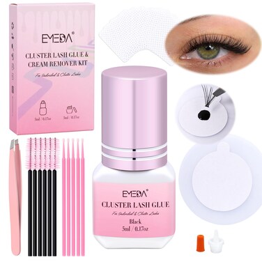 EMEDA Lash Cluster Glue Kit Long Lasting, Drying Time 3-4S Strong Hold Waterproof Latex Free Sensitive Eyes/Eyelash Clusters Adhesive for DIY Individual Lash Extensions with Tools (5ml Black