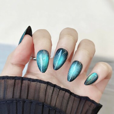 Glue on Nails Short,Glitter Green Cat Eye,Short Almond Press on Nails,Short Fake Nails,False Nails Short,Acrylic Nails Press on,Short Nails Press on,Natural Nails for Women.