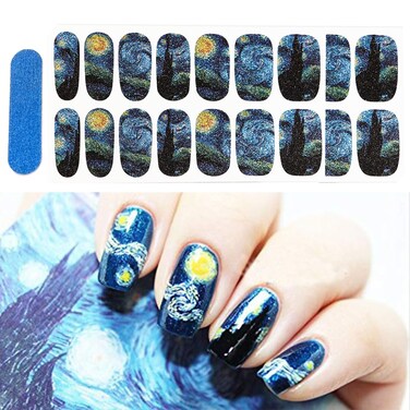 3D Van Gogh's Starry Night Fullnail Stickers, Full Nail Starry Sky Art Gel Nail Polish Sticker Decals, Shimmery Glittery, Long Lasting, Easy to Apply &amp; Remove - 2 Sheets(28 Nail Wraps) and 1 Nail File