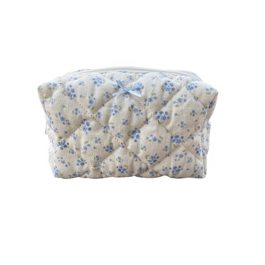 Cotton Quilted Makeup Bag Coquette Accessories Make up Bag Organizer Cute Floral Cosmetic Pouch Travel Makeup Bag for Women (Blue floral)