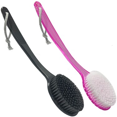 Back Bath Brush - Curved Long Handle Shower Brush with Medium Stiff Bristles for Cleaning and Exfoliating Body, Back Scrubber for Men &amp; Women (Black + Pink 2 Pack)