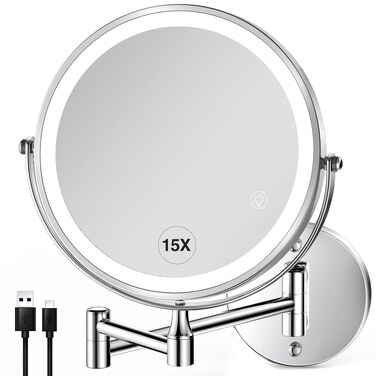 Wall Mounted Lighted Makeup Mirror: 8.5 Inch Double Sided Makeup Mirror with 1X/15X Magnification for Vanity, Bathroom, and Shaving - Chrome