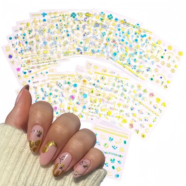 30Sheets Gold Flower Nail Art Stickers 3D Self-Adhesive Nail Stickers Colored Hot Stamp Flower Rose Daisy Cherry Blossom Nail Decals Irregular Polygon Acrylic Nails DIY Design Nail Supplies for Women