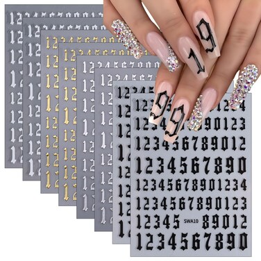 8 Sheets Big Number Nail Art Stickers Decals Luxury Gold Silver Black White Nail Stickers 3D Self Adhesive Holographic Designer Nail Supplies DIY Manicures Slider Charms Decoration for Women DIY Nails