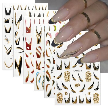 Glitter Stripe Line Nail Stickers, 3D Self-Adhesive, 6 Sheets, Gold, Metallic, Waterproof, Striped, Nail Art