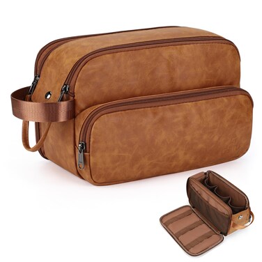 Toiletry Bag for Men, Travel Toiletry Bag Travel Essentials, Dopp Kit Water-resistant Shaving Bag, Bathroom Bag Toiletries Organizer, Brown(PU Leather)