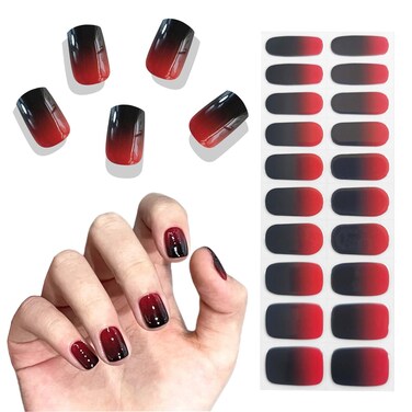 Semi Cured Gel Nail Strips Long Lasting Easy Application &amp; Removal Salon-Quality Red And Black Gradient Nail Gel Stickers Includes Prep Pads, Nail File &amp; Wood Stick UV Lamp Required