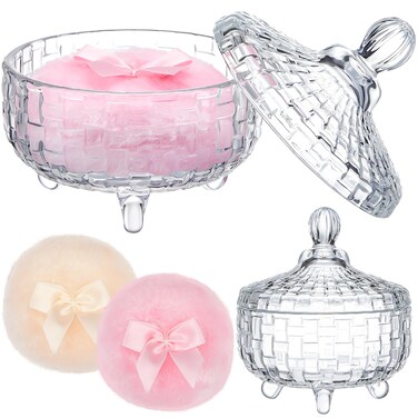 Tioncy 3 Pcs Large Body Powder Puff and Container Powder Container with Puff Crystal Container Soft Washable Reusable Velour Face Body Glitter Wet Dry Makeup(Triangle,Clear)