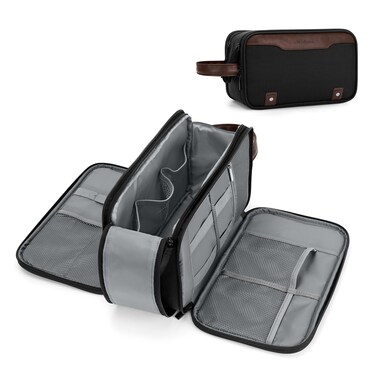 Wedama Toiletry Bag for Men, Large Hanging Travel Toiletry Bag, Extra Electronic Organizer Bag Waterproof Shaving Bag for Toiletries with PU Handle for Travel Business Trips Swim Camping, Black&amp;Brown