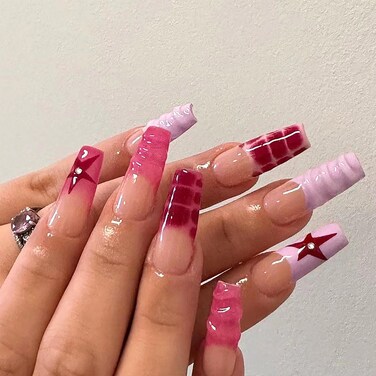 French Tip Press on Nails Long Coffin Fake Nails with Stars Designs Pink &amp; Red Full Cover Nails Press ons 3D Glue on Cute Nails Glossy Rhinestones Stick on Nails for Women 24 Pcs