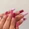 French Tip Press on Nails Long Coffin Fake Nails with Stars Designs Pink &amp; Red Full Cover Nails Press ons 3D Glue on Cute Nails Glossy Rhinestones Stick on Nails for Women 24 Pcs
