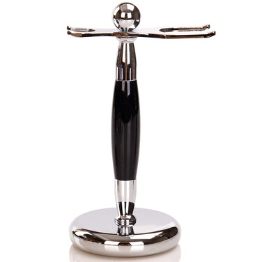 Deluxe Stainless Steel Shaving Brush Stand Holder for Razor &amp; Brush - Extra Wide Openings, Weighted Base Black Handle