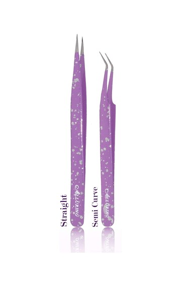 Eyelash Extension Alluring Purple With Glitters Tweezers (Straight &amp; Semi Curved)