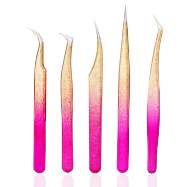 5 PCS Professional Lash Tweezers Set, Stainless Steel Lash Extension Tweezers, Eyelash Extension Tweezers for for Volume, Isolation and Classic Lashes