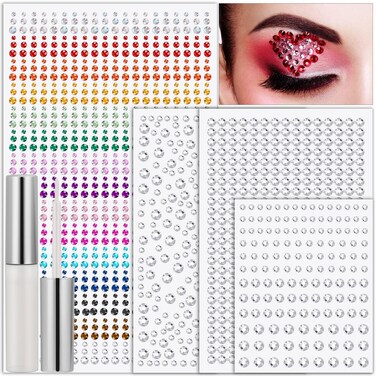 Face Glue with Eye Gems Stickers, 1702 Pieces Self Adhesive Rhinestones Stick on Face Jewels Hair Gems for Face Body Rhinestones for Nail Art Makeup Crafts